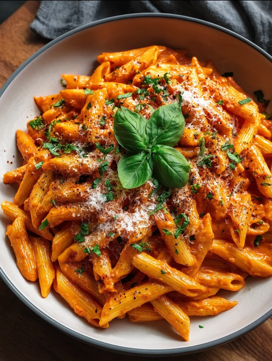 Ein Bild von einer Penne-Auflauffe mit Basilikum, Tomaten und Parmesan.