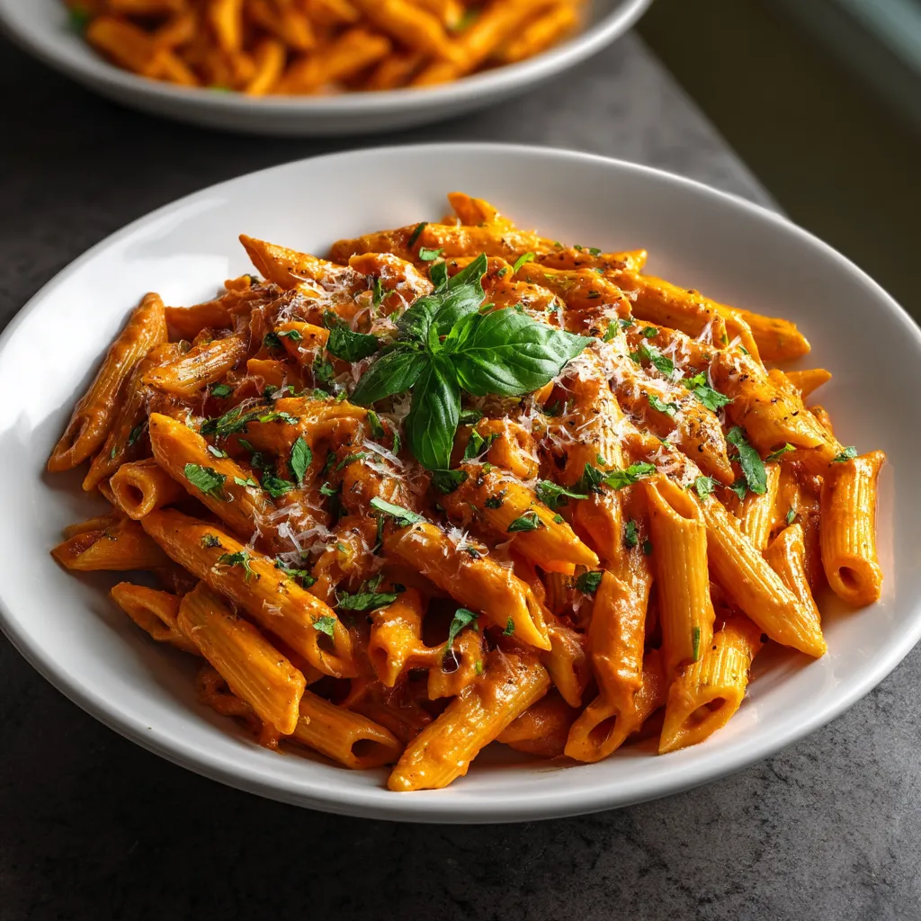 Ein weißer Teller mit Penne-Nudeln, die mit Parmesan und Basilikum garniert sind.