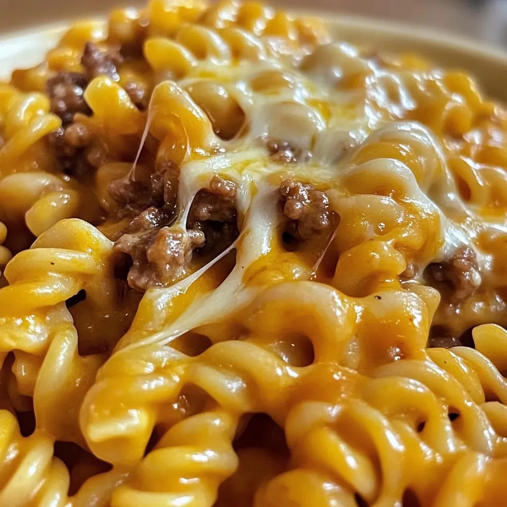 Ein Bild von Pasta mit Käse und Rindfleisch.