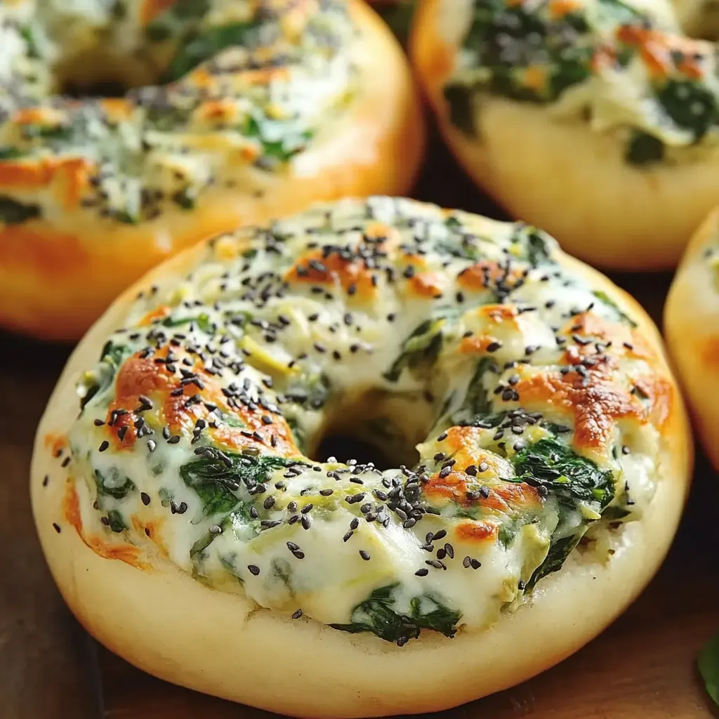 Ein weißer, grüner und orange Farbton aufweißer Bagel mit Spinat und Käse.