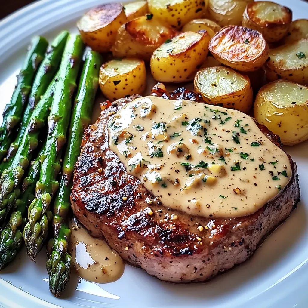 Ein gegrilltes Steak mit Sauce auf einem weißen Teller, begleitet von Asparagus und Kartoffeln.