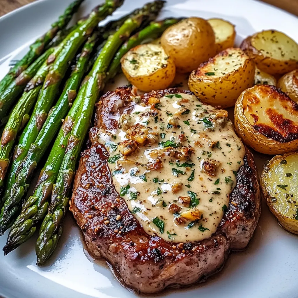 Ein weißer Teller mit Steak, Asparagus, Kartoffeln und Zwiebeln.