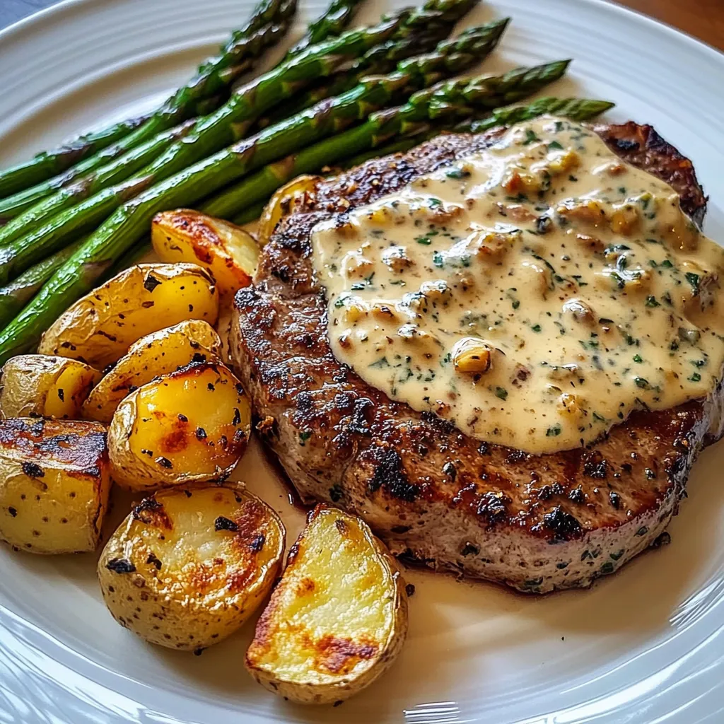Eine Platte mit Steak, Asparagus und Kartoffeln.