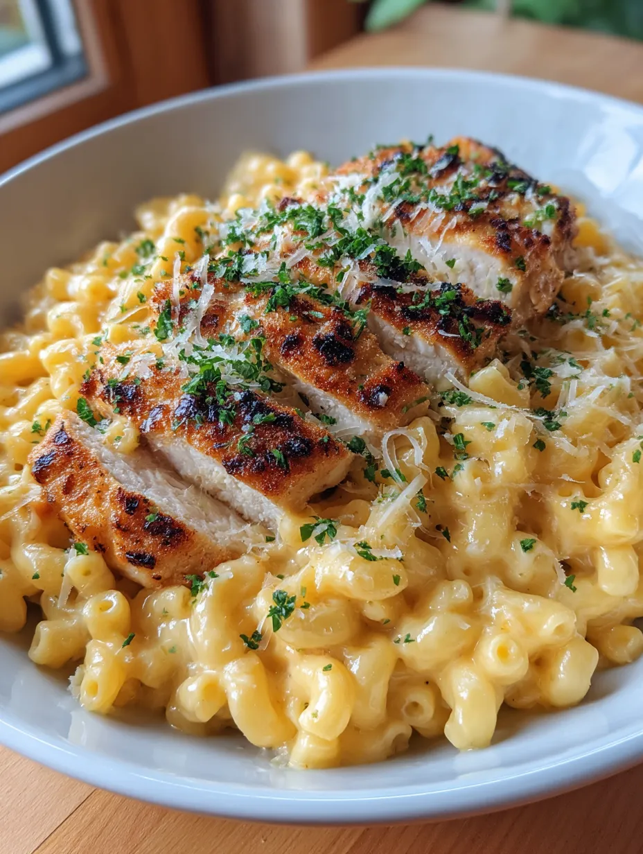 Ein Hühnchen-Makkaroni mit Käse auf einem weißen Teller.