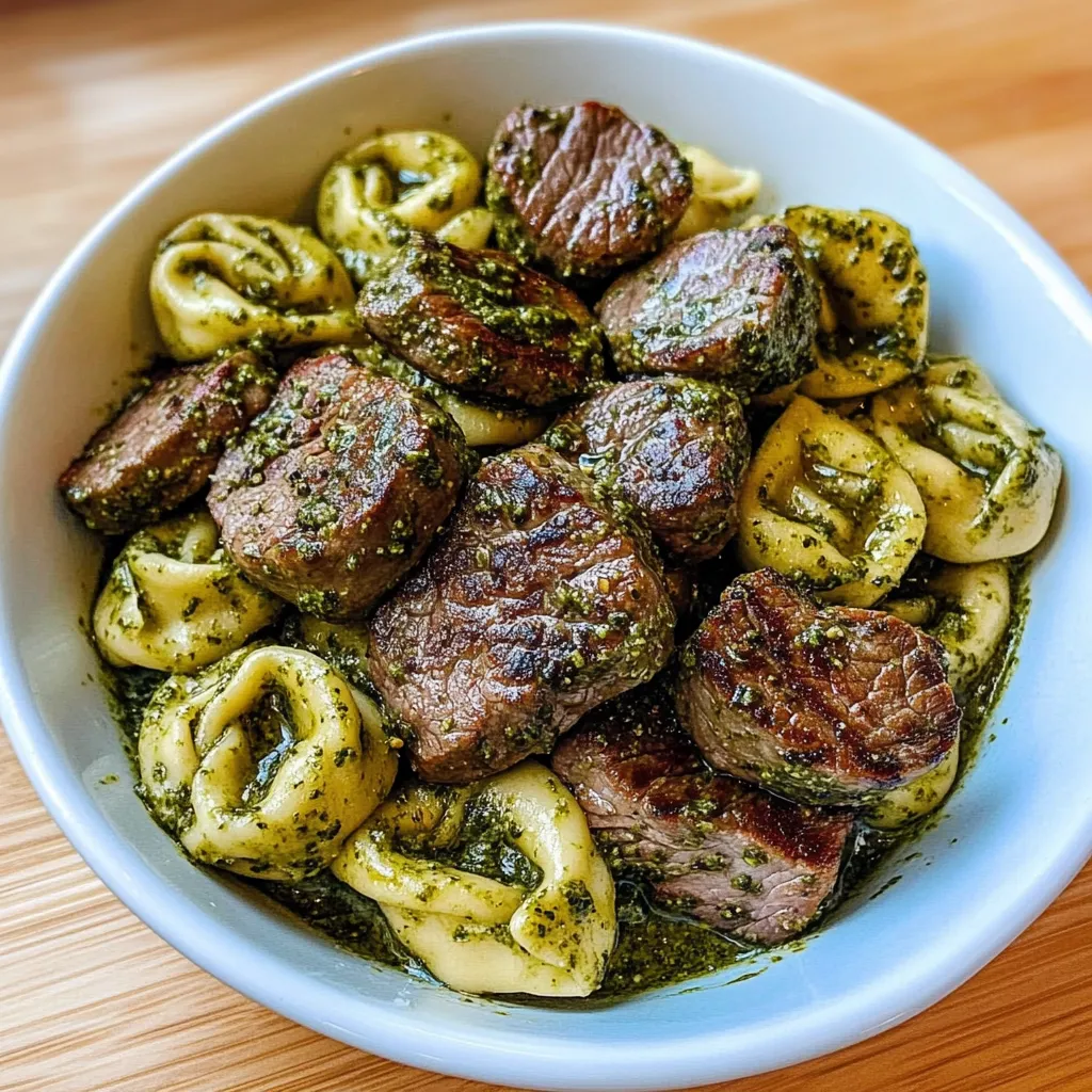Ein weißer Teller mit einer Mischung aus Rindfleisch, Pasta und Gemüse.