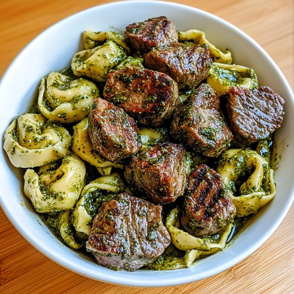 Ein weißer Teller mit einer Mischung aus Pasta, Käse und Fleisch.