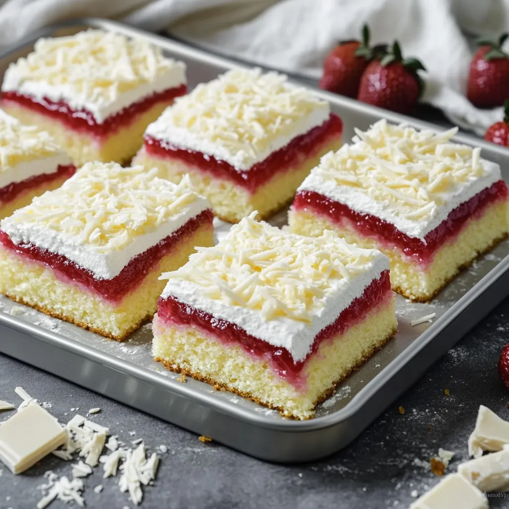 Eine Tafel mit einem Pan mit Strawberry Cake auf.