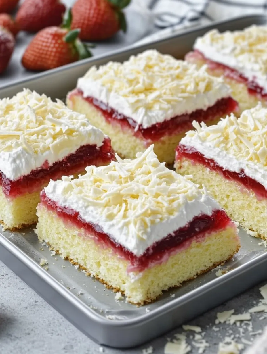 Eine Tafel mit sechs Stücke von Kuchen, die mit Schokoladenglasur und Strawberry-Sauce garniert sind.