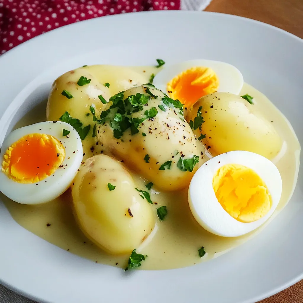Ein weißer Teller mit Eiern und Kartoffeln.