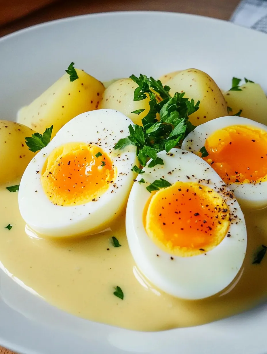 Eier mit Sauce auf einem weißen Teller.