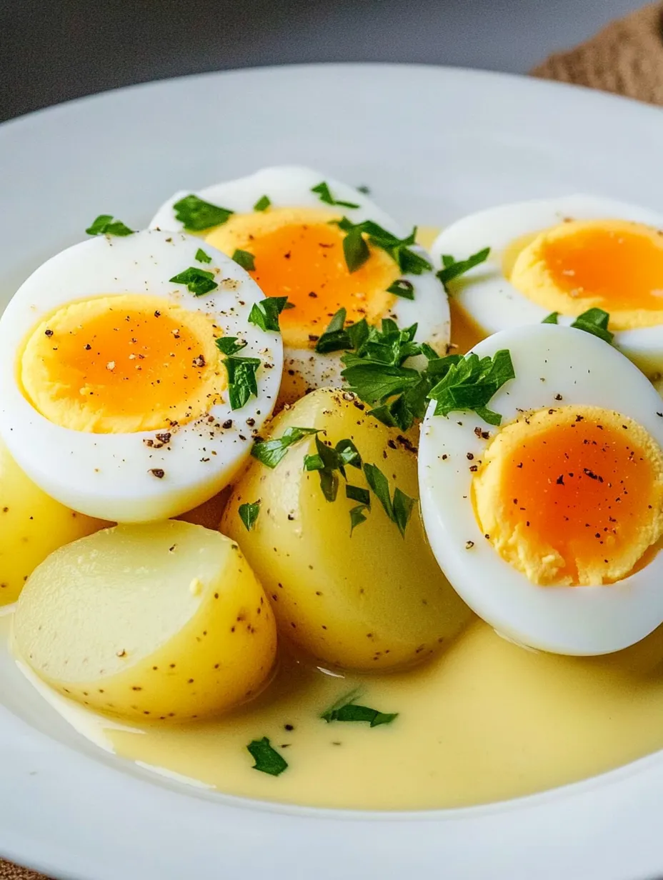 Eine Platte mit Eiern und Kartoffeln.