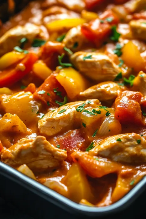 Ein Schälchen mit Chicken, Zwiebeln und Tomaten.