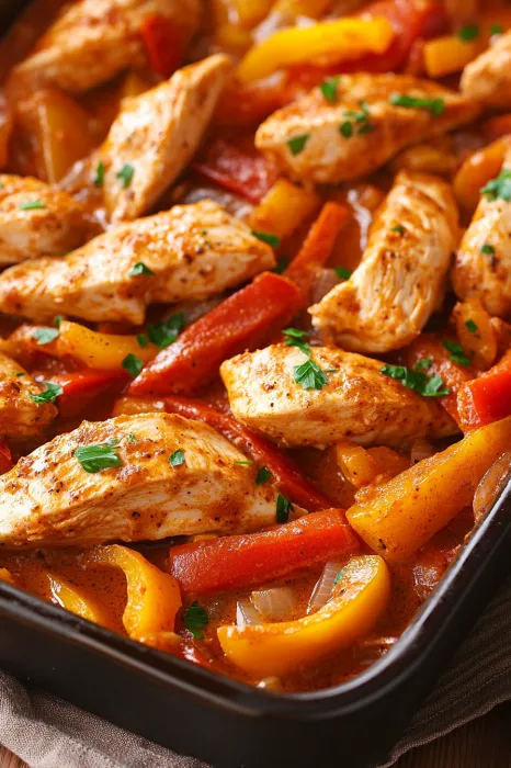 Eine Schüssel mit gegrilltem Hühnchen und Gemüse, darunter Paprika, Zwiebeln und Karotten.