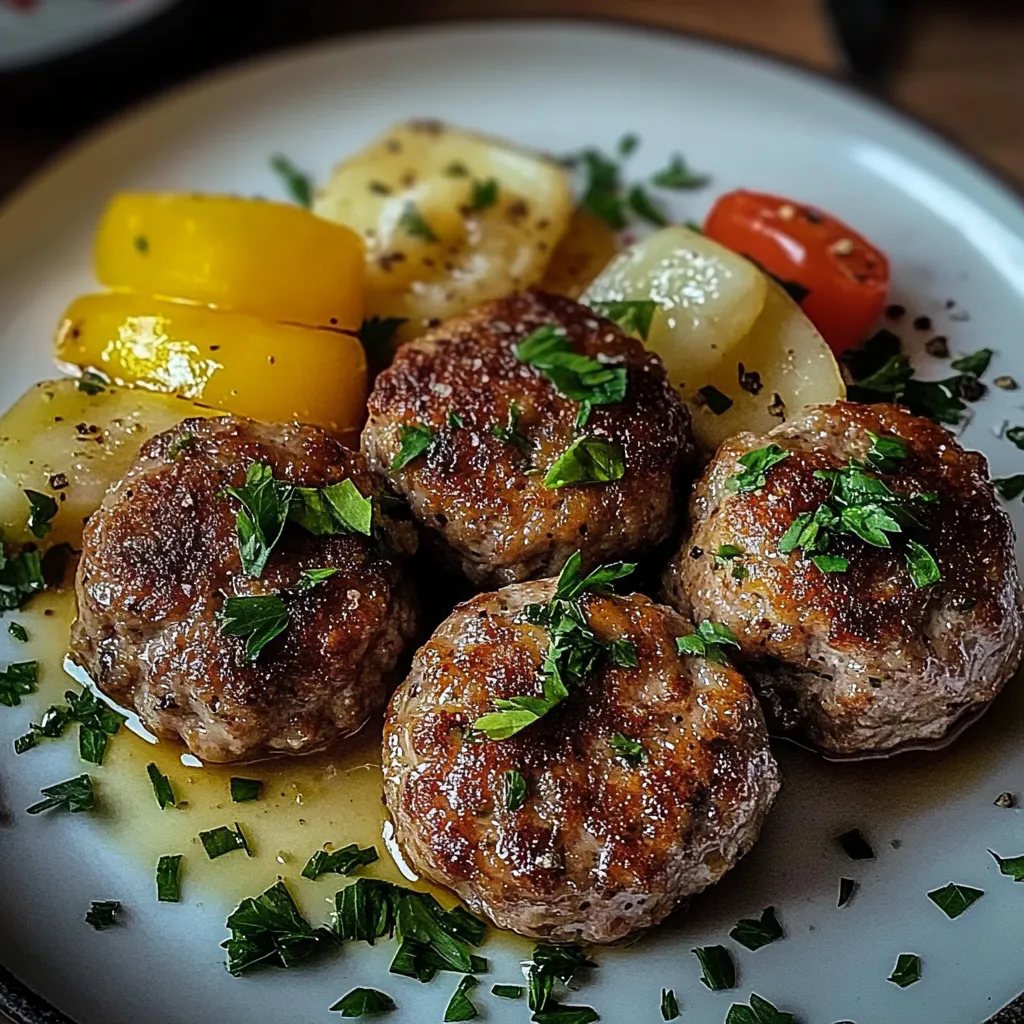 Eine Platte mit saurem Zwiebel, Tomaten, Knoblauch und Fleischballen.