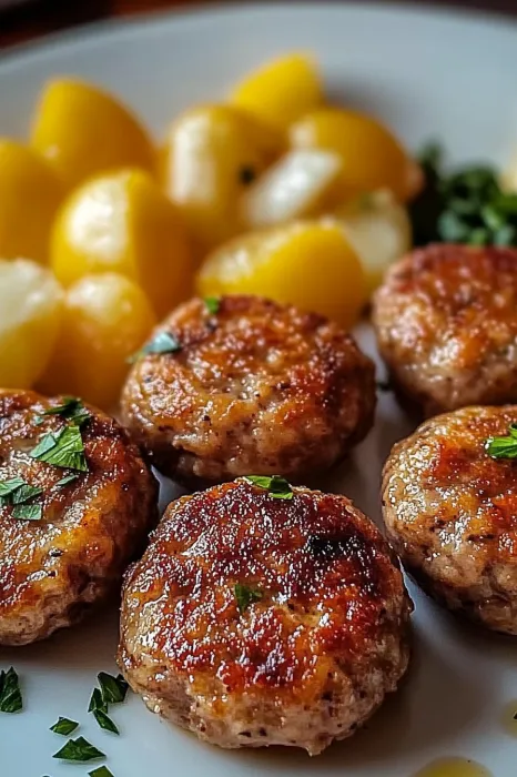 Eine Platte mit saurem Fleisch, gegrillten Kartoffeln und Zwiebeln.