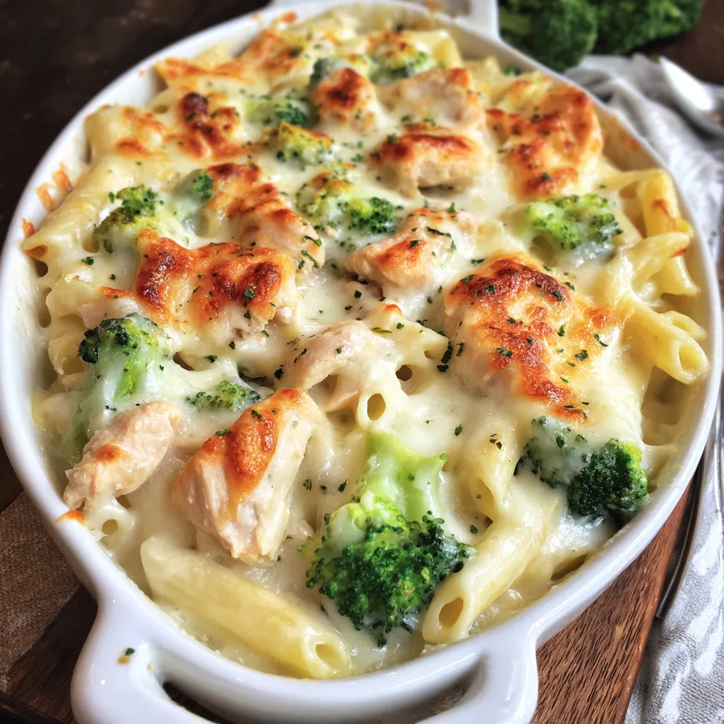 Ein Auflauf aus Hähnchen und Brokkoli, garniert mit Alfredo.