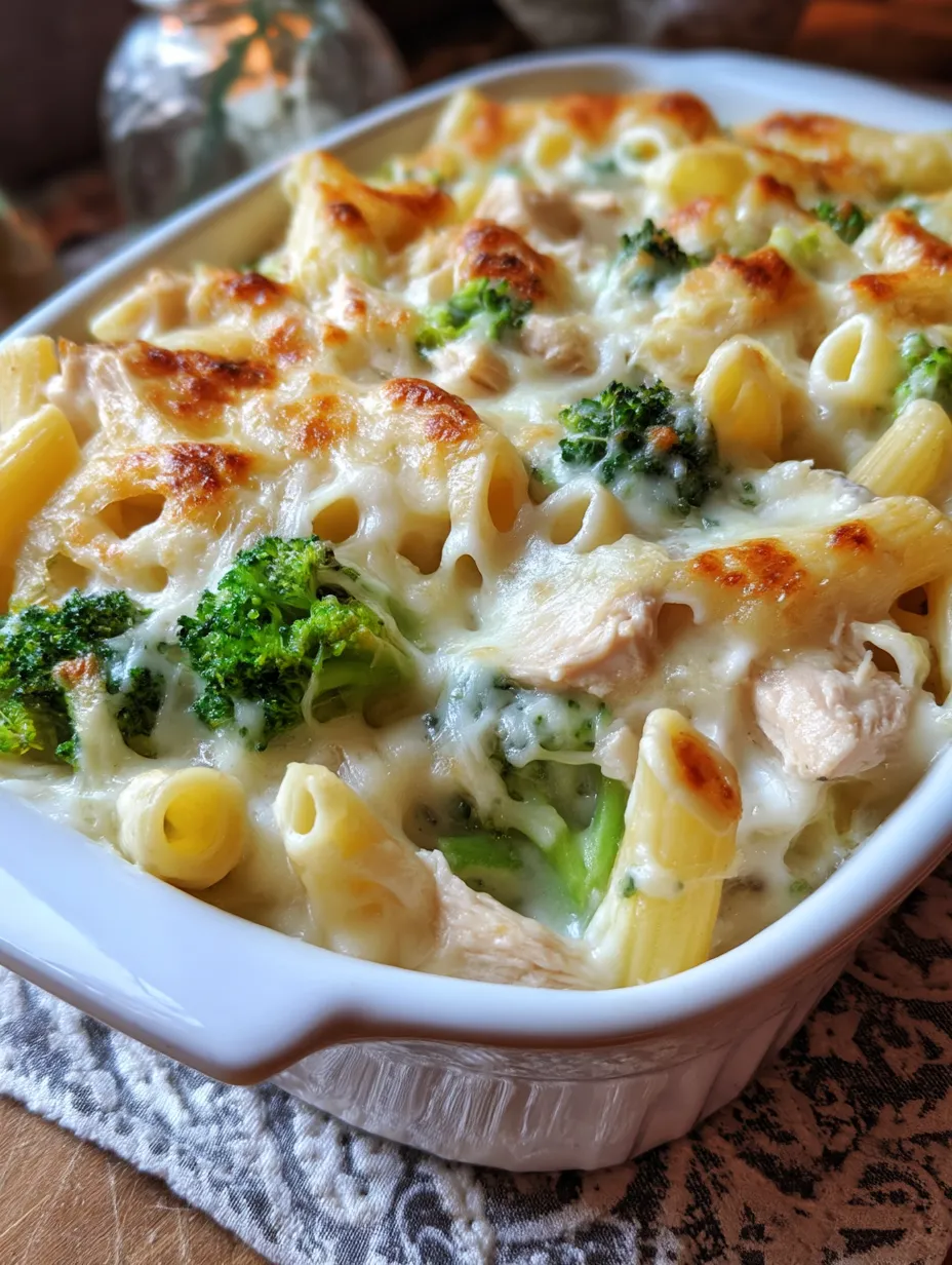Ein Auflauf aus Hähnchen, Brokkoli und Alfredo-Nudeln.
