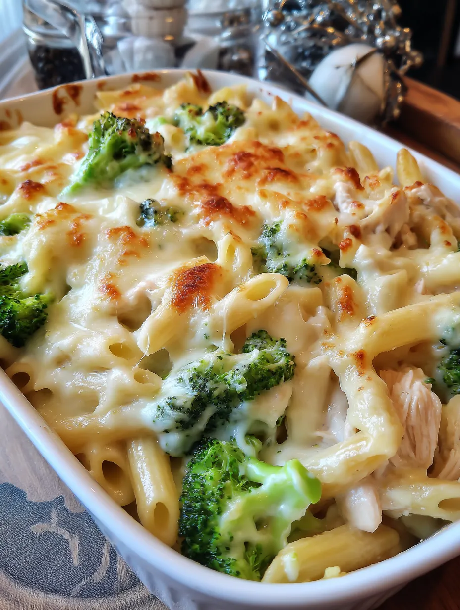 Ein Hähnchen-Brokkoli-Auflauf Alfredo in einem weißen Teller.