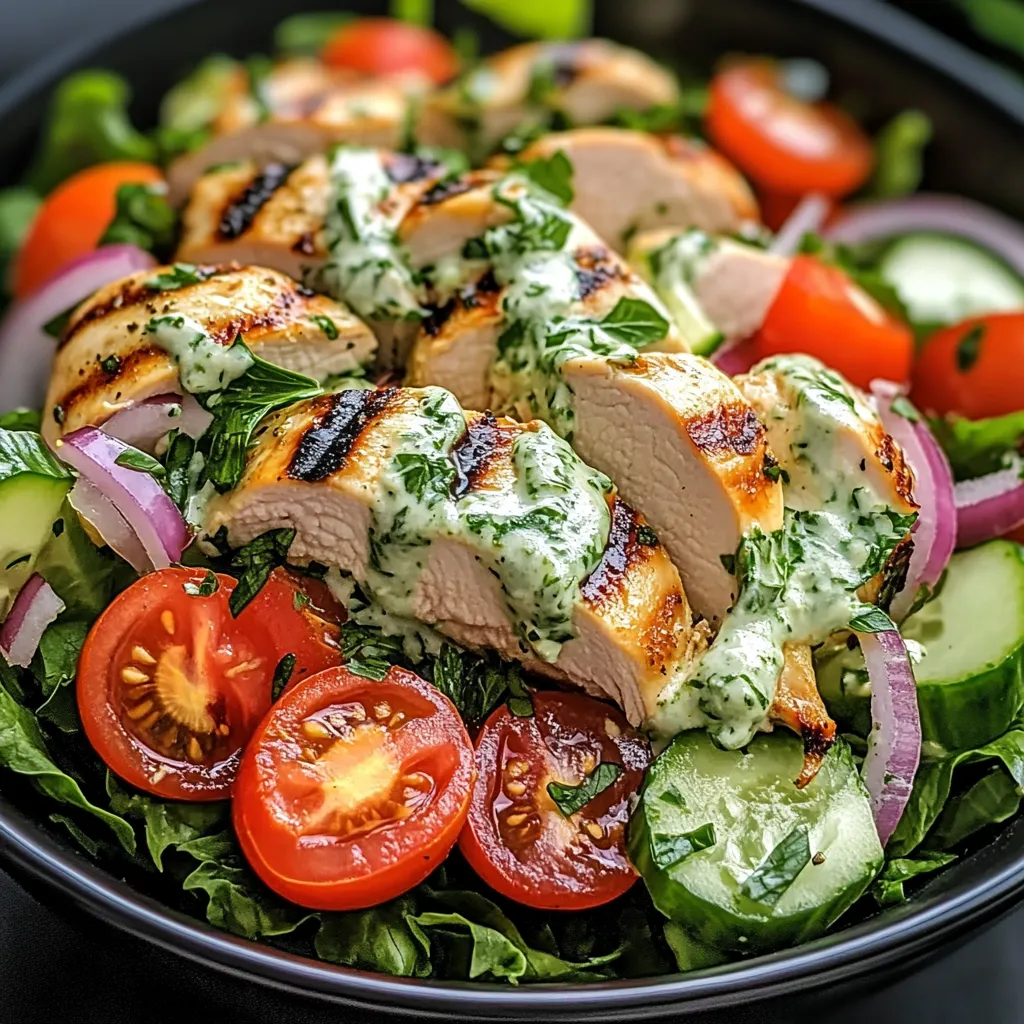 Ein schönes Salat mit grünen Zutaten, Tomaten, Zwiebeln und Chicken.