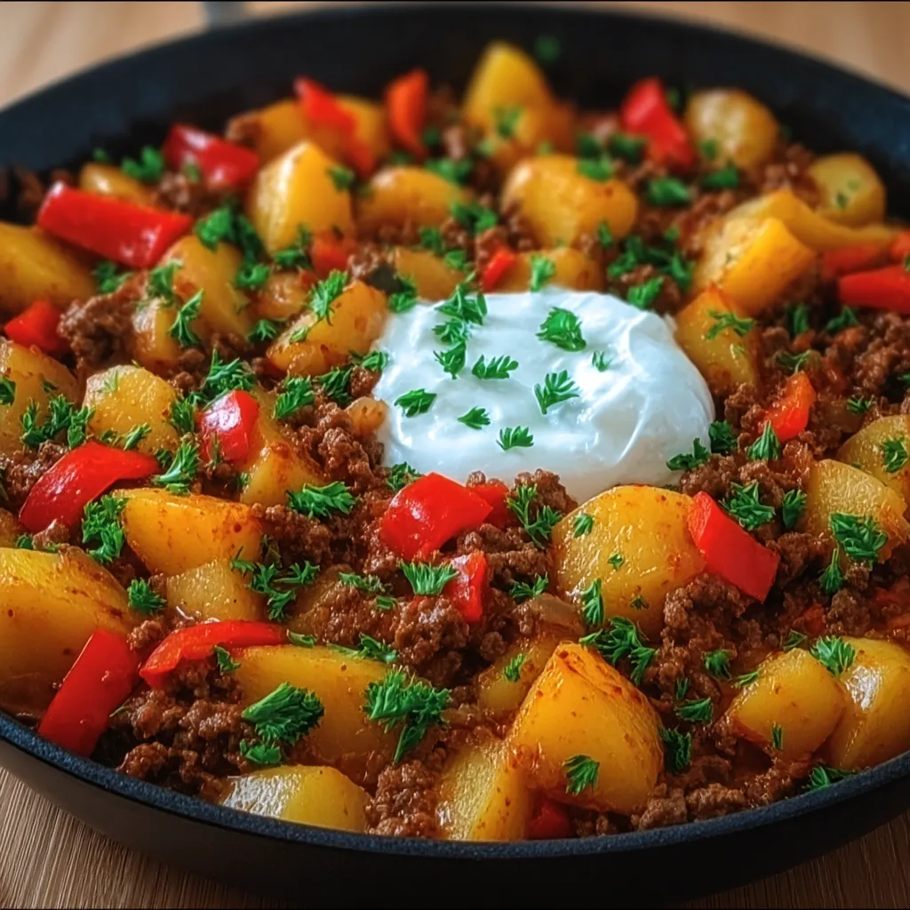 Ein Schmelztopf mit einer Mischung aus Fleisch, Kartoffeln, Paprika und Zwiebeln.