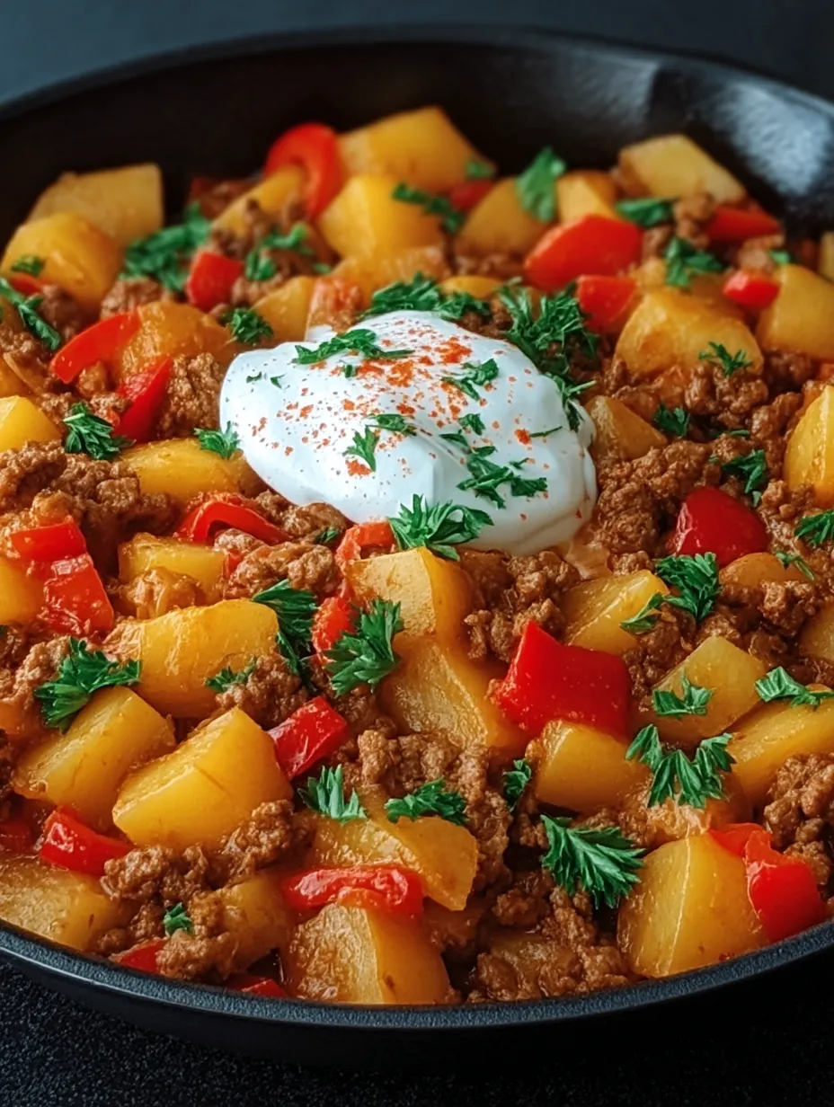 Ein Schmelztopf mit einer Mischung aus Fleisch, Zwiebeln, Paprika, Tomaten und Kartoffeln.