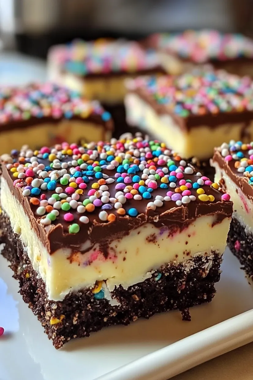 Eine Platte mit Schokoladencake, die mit Schokoladensirup und Schokoladensplittern garniert ist.