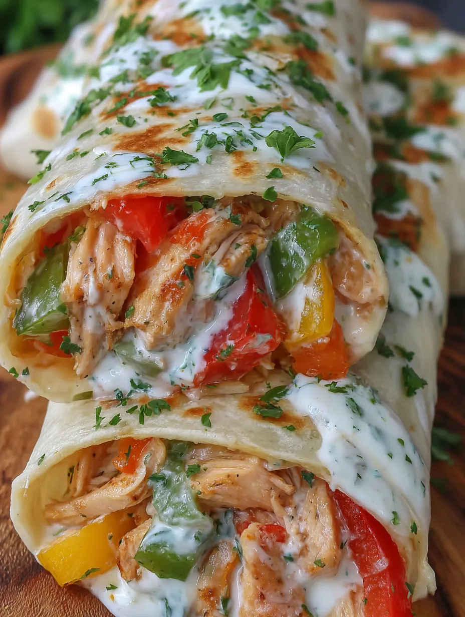 Ein Burrito mit Hühnchen, Paprika und Ranch-Dressing.