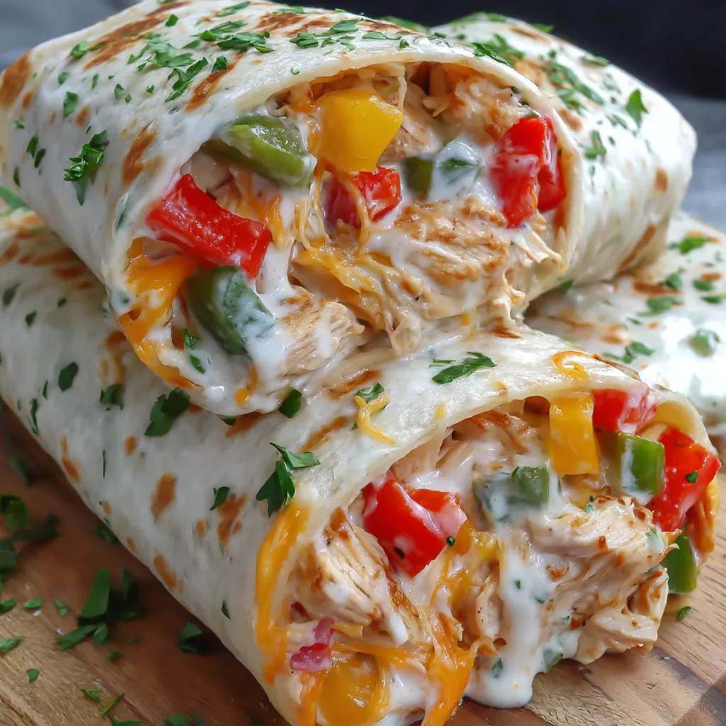 Zwei Hühnchen-Paprika-Ranch-Burritos auf einem Tisch.