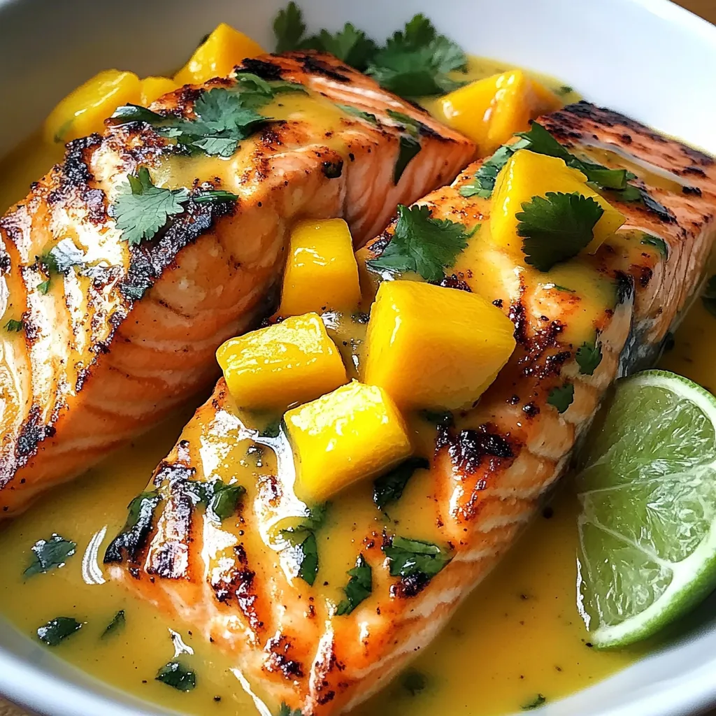 Ein weißer Teller mit zwei Salmonfilets, die mit Zwiebeln und Papaya garniert sind.