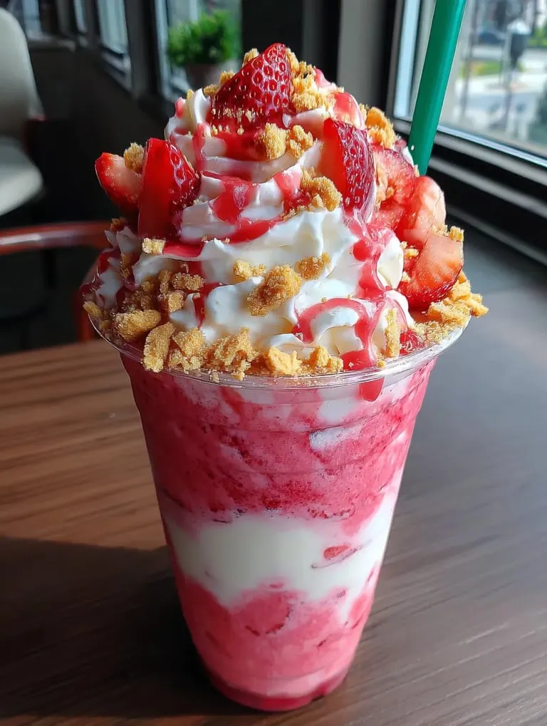 Ein Starbucks Erdbeer-Shortcake-Frappuccino mit Strawberries und Crumbles.