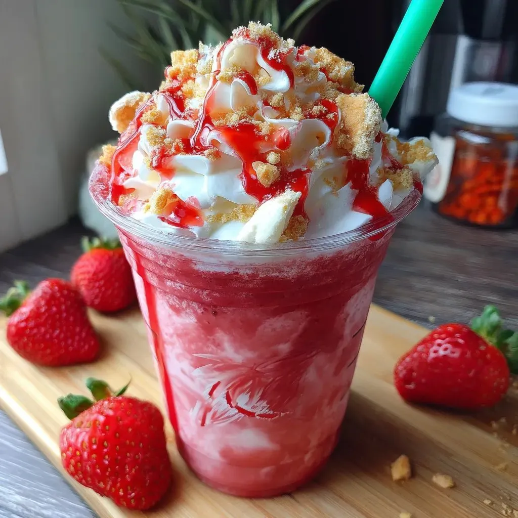 Ein Glas mit einem Erdbeer-Shortcake-Frappuccino, der mit Strawberries und einer Schlagoberschüssel garniert ist.
