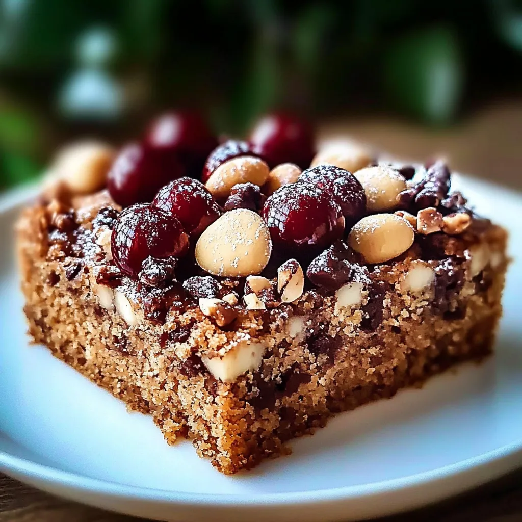 Ein weiches, süßes Gebäck mit Nüssen und Früchten auf einem weißen Teller.