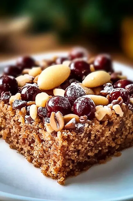 Eine Platte mit einem Cake, der mit Mandeln, Nüssen und Zwergkirschen garniert ist.