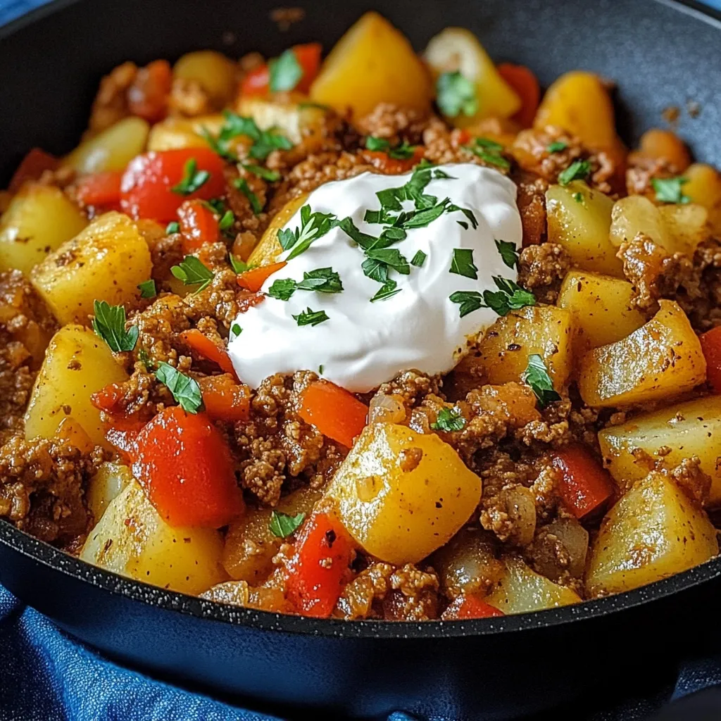 Ein Schmelztopf mit einer Mischung aus Fleisch, Kartoffeln, Zwiebeln und Tomaten.