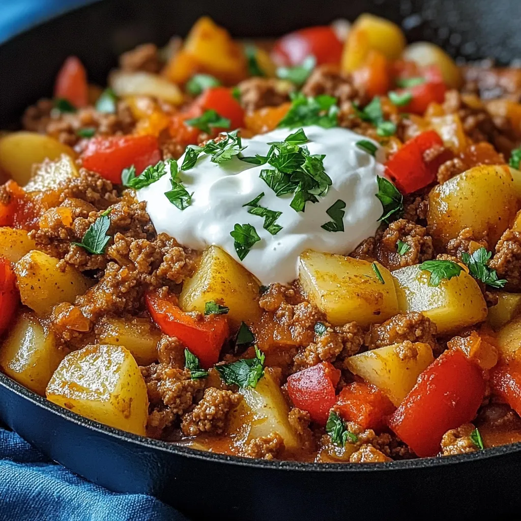 Ein Schmelztopf mit einer Mischung aus Fleisch, Kartoffeln, Paprika, Zwiebeln und Tomaten.