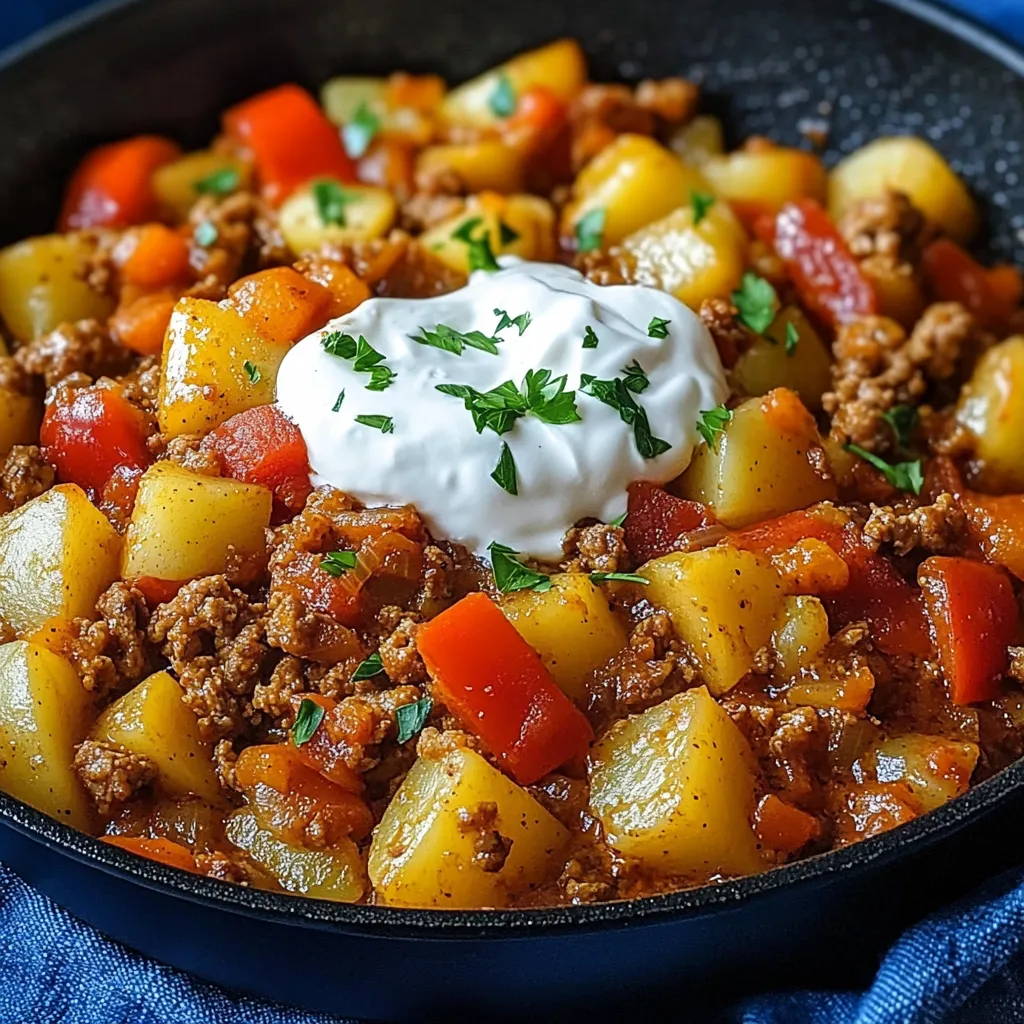 Ein Schmelztopf mit einer Mischung aus Fleisch, Kartoffeln, Zwiebeln und Tomaten.