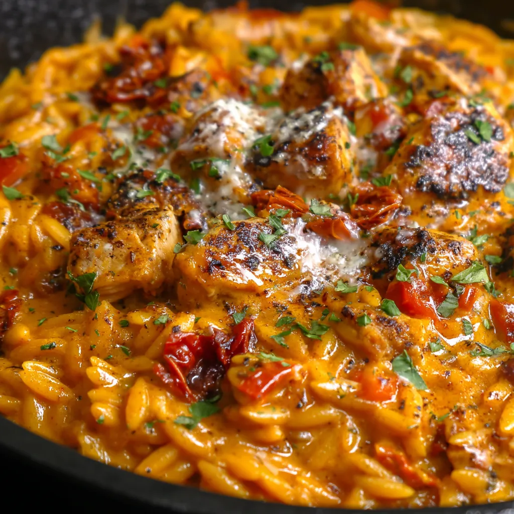 A bowl of food with chicken and tomatoes.