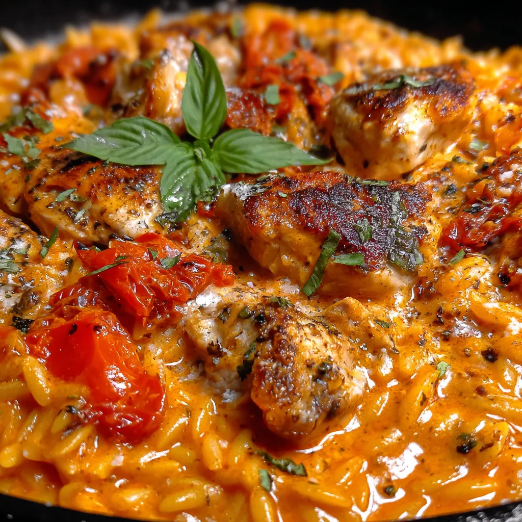 A bowl of food with chicken and tomatoes.
