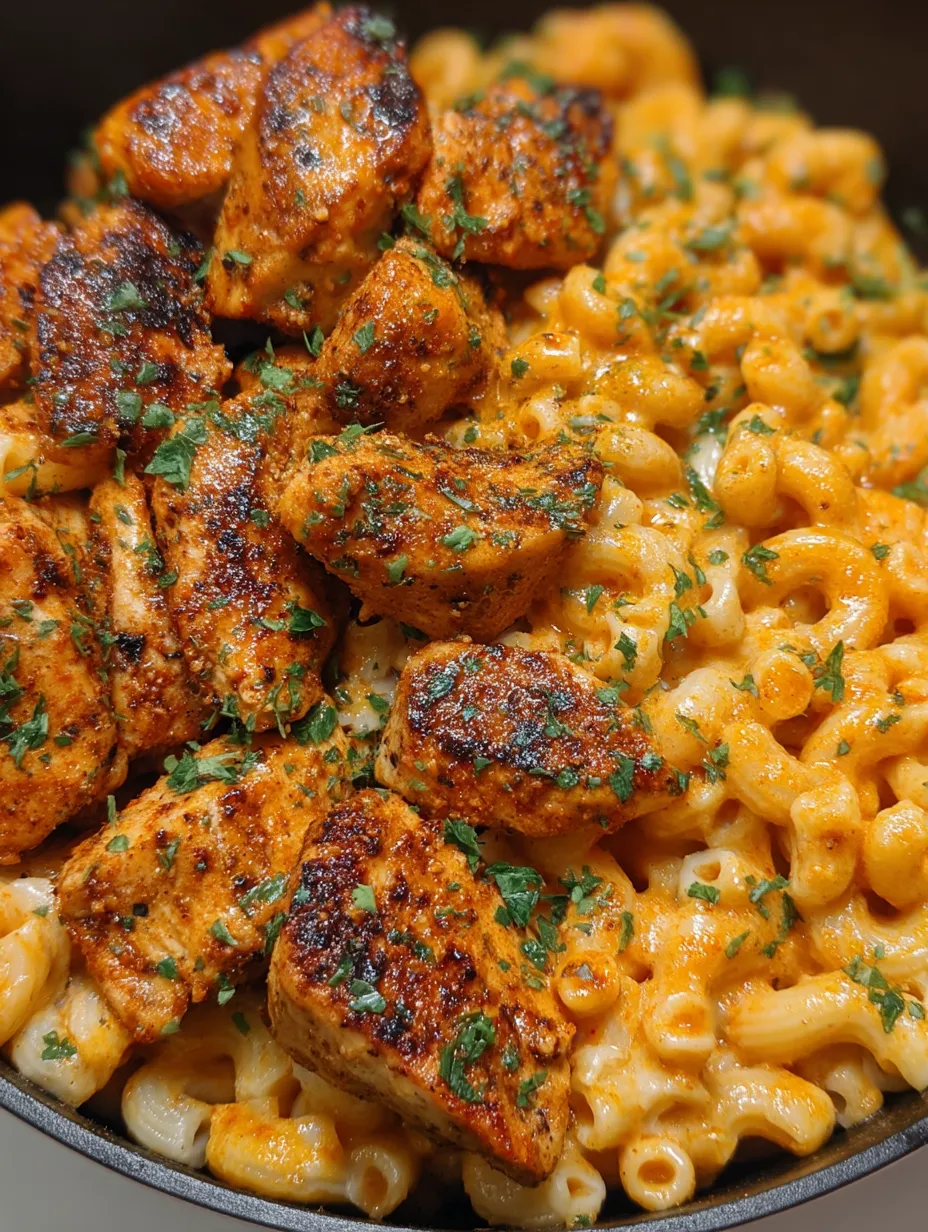 A plate of food with chicken and macaroni.