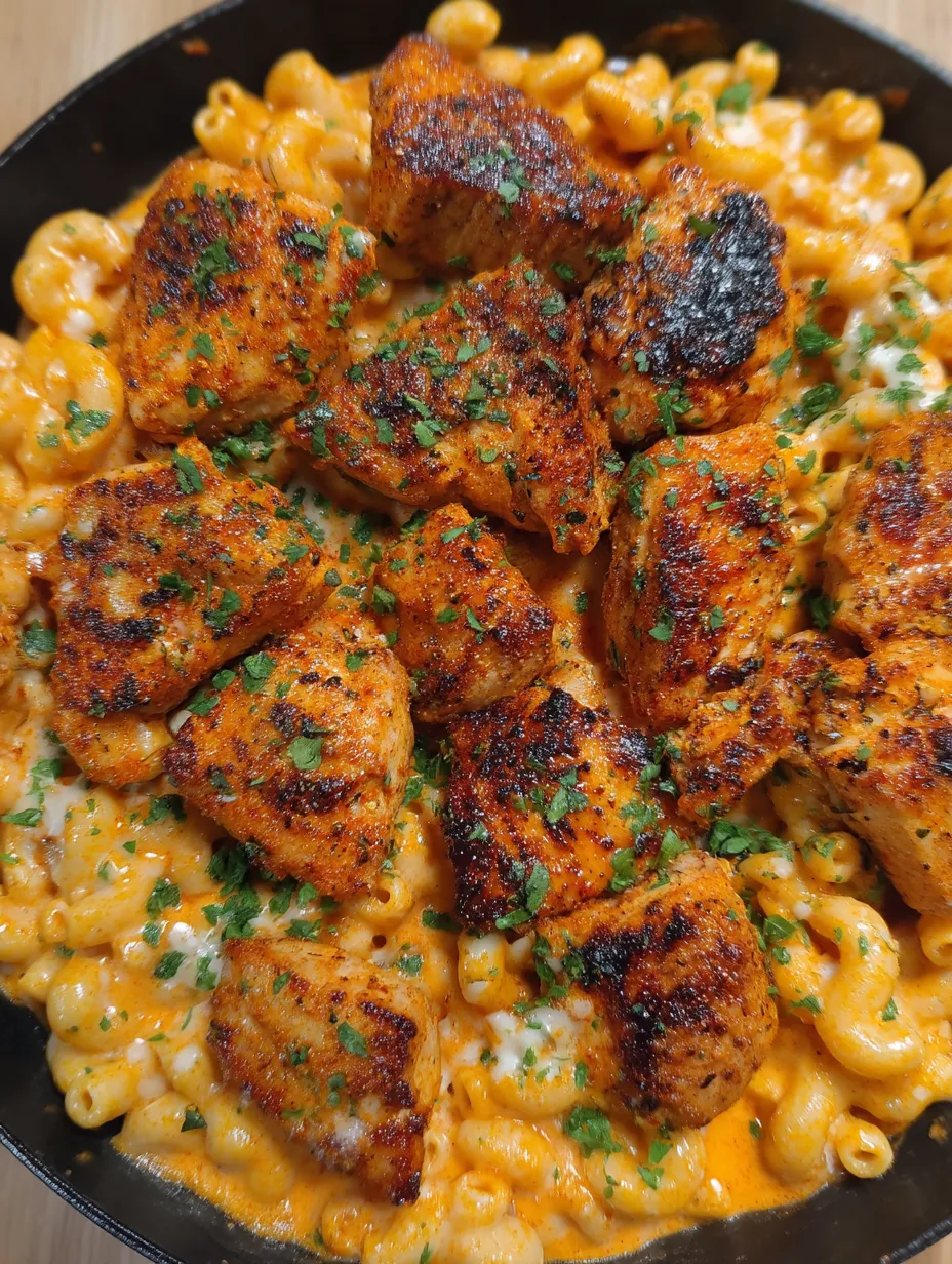 A plate of macaroni and cheese with chicken.