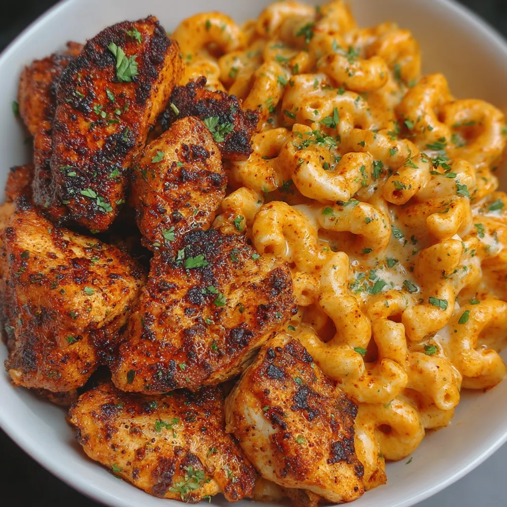 A bowl of food with chicken and macaroni.