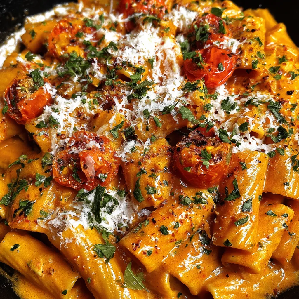 A plate of pasta with tomatoes and cheese.