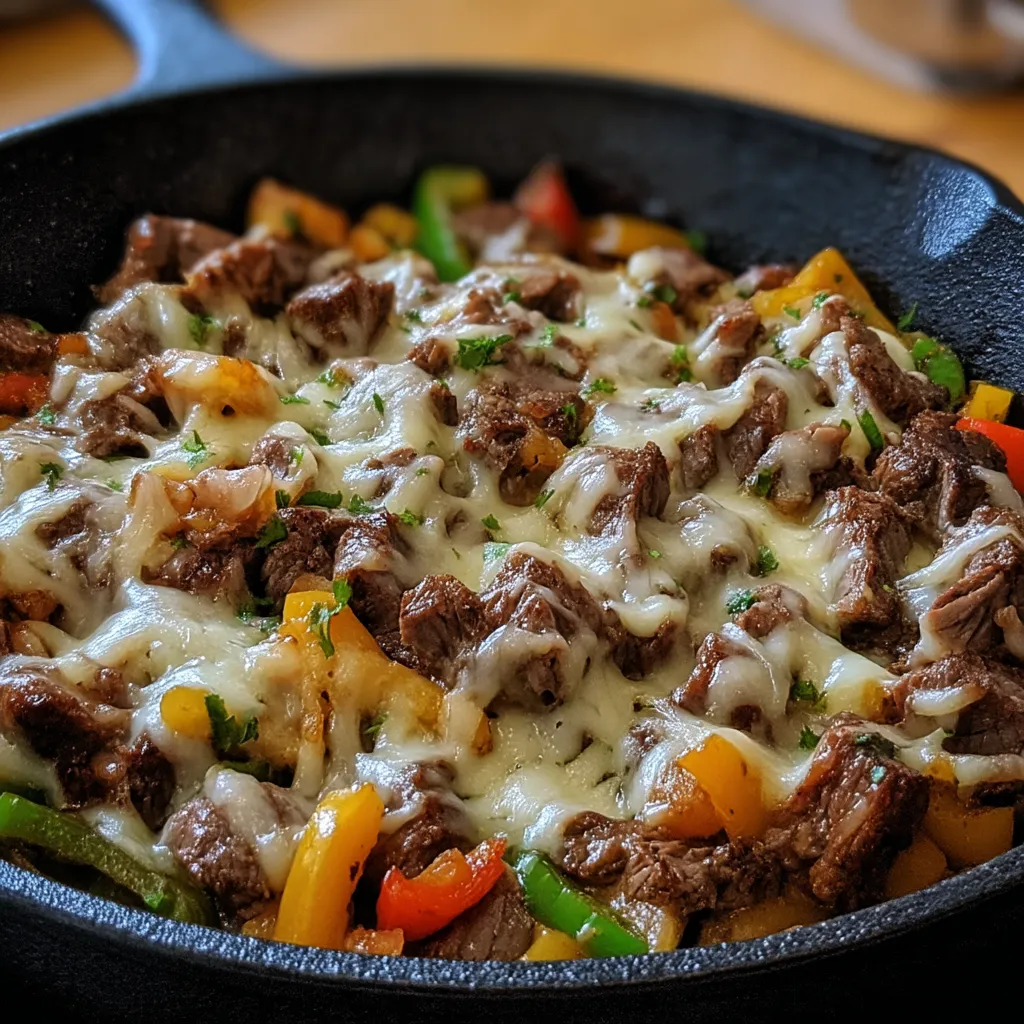 Ein Schmelztopf mit Steak and Cheese Skillet.