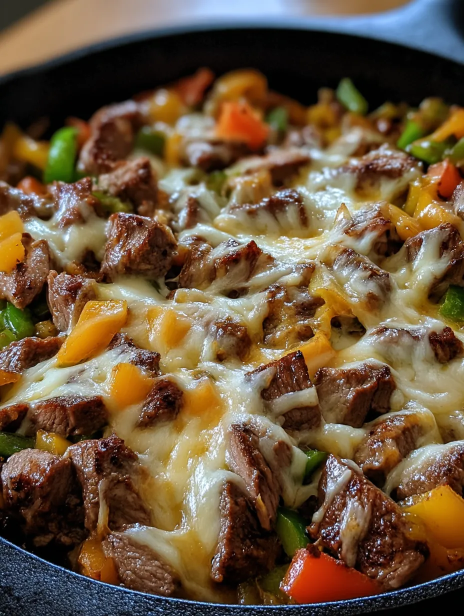 Ein Steak and Cheese Skillet mit vielen verschiedenen Zutaten wie Paprika, Zwiebeln, Karotten, Tomaten, Gurken und mehr.