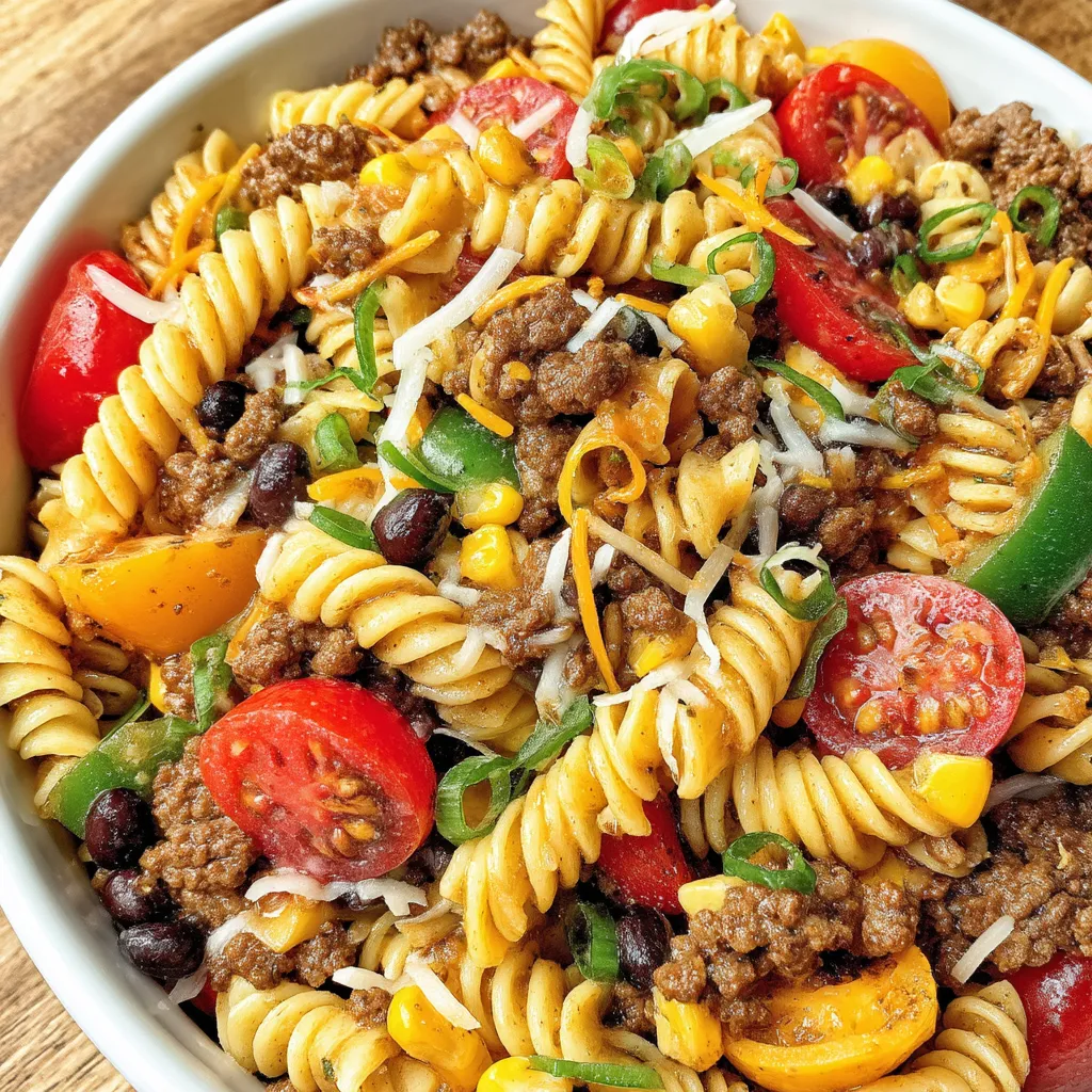 Ein großes, leckeres Cowboy-Nudelsalat, voller verschiedener Gemüse wie Tomaten, Zwiebeln, Paprika und Kartoffeln. Es gibt auch einige Kartoffeln und Zwiebeln, die in den Nudeln eingebettet sind.