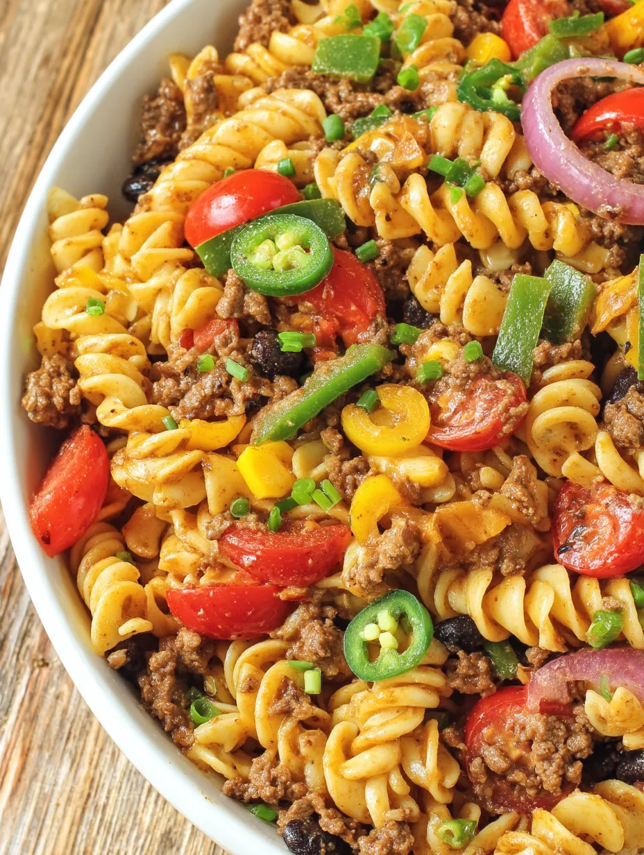 Ein weißer Teller mit Nudelsalat, der mit Tomaten, Zwiebeln, Paprika, Onions, Kartoffeln, Zucchini, Kokosmelis und Pasta zubereitet wurde.