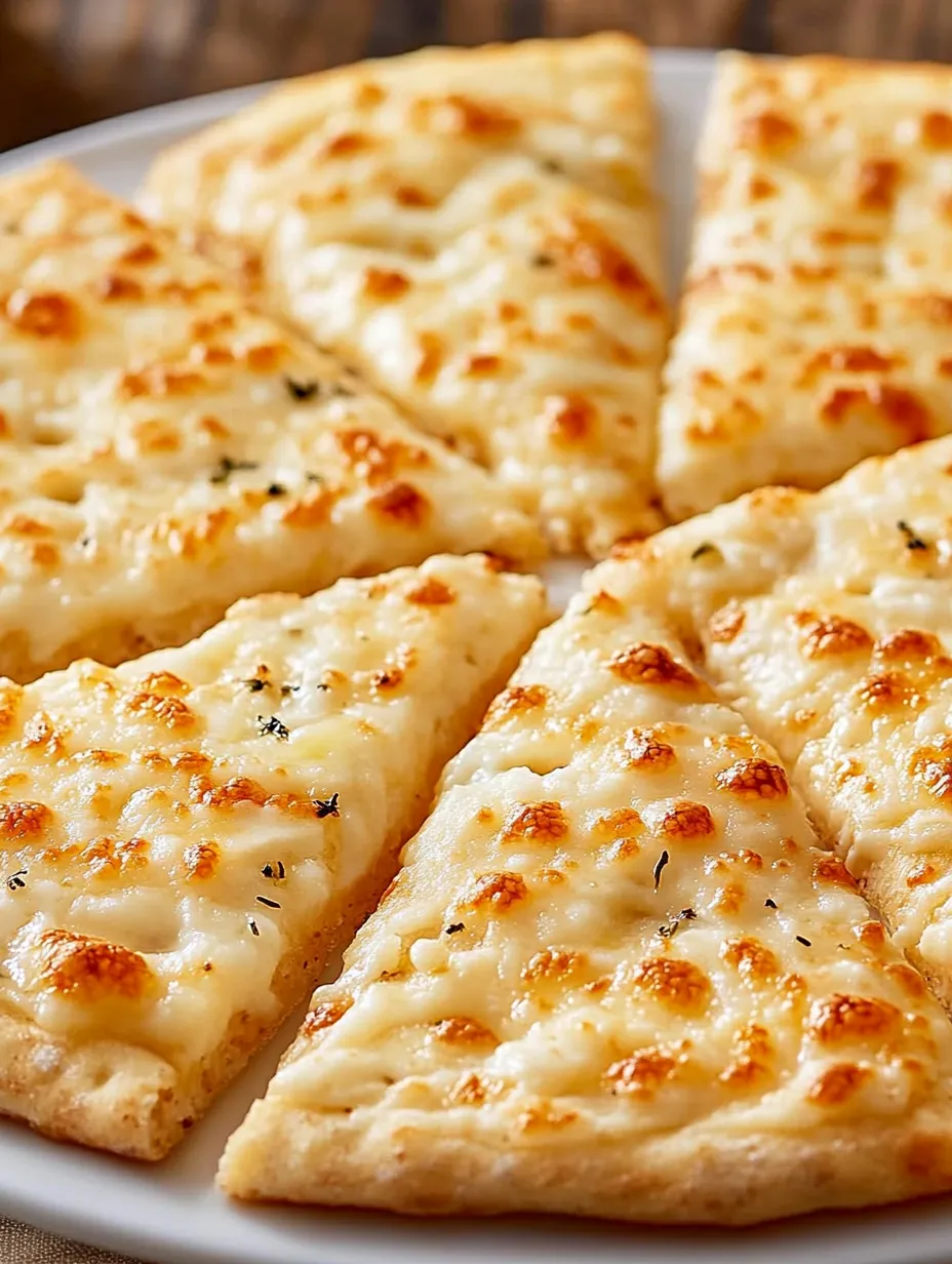 Eine Platte mit sechs Scheiben von Pizza mit Käse und Kräutern darauf.