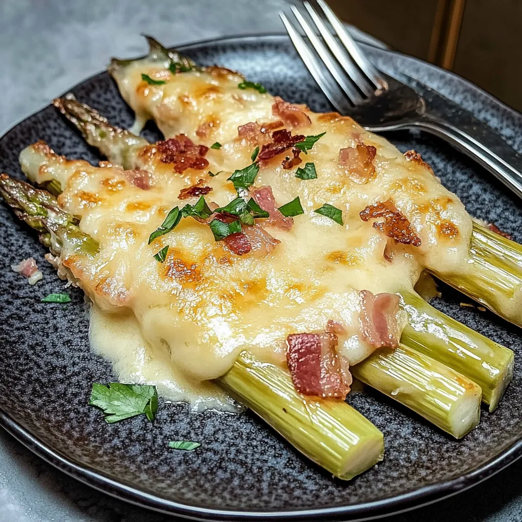 Ein Schmelztopf mit Bacon und Asparagus auf einem schwarzen Teller.