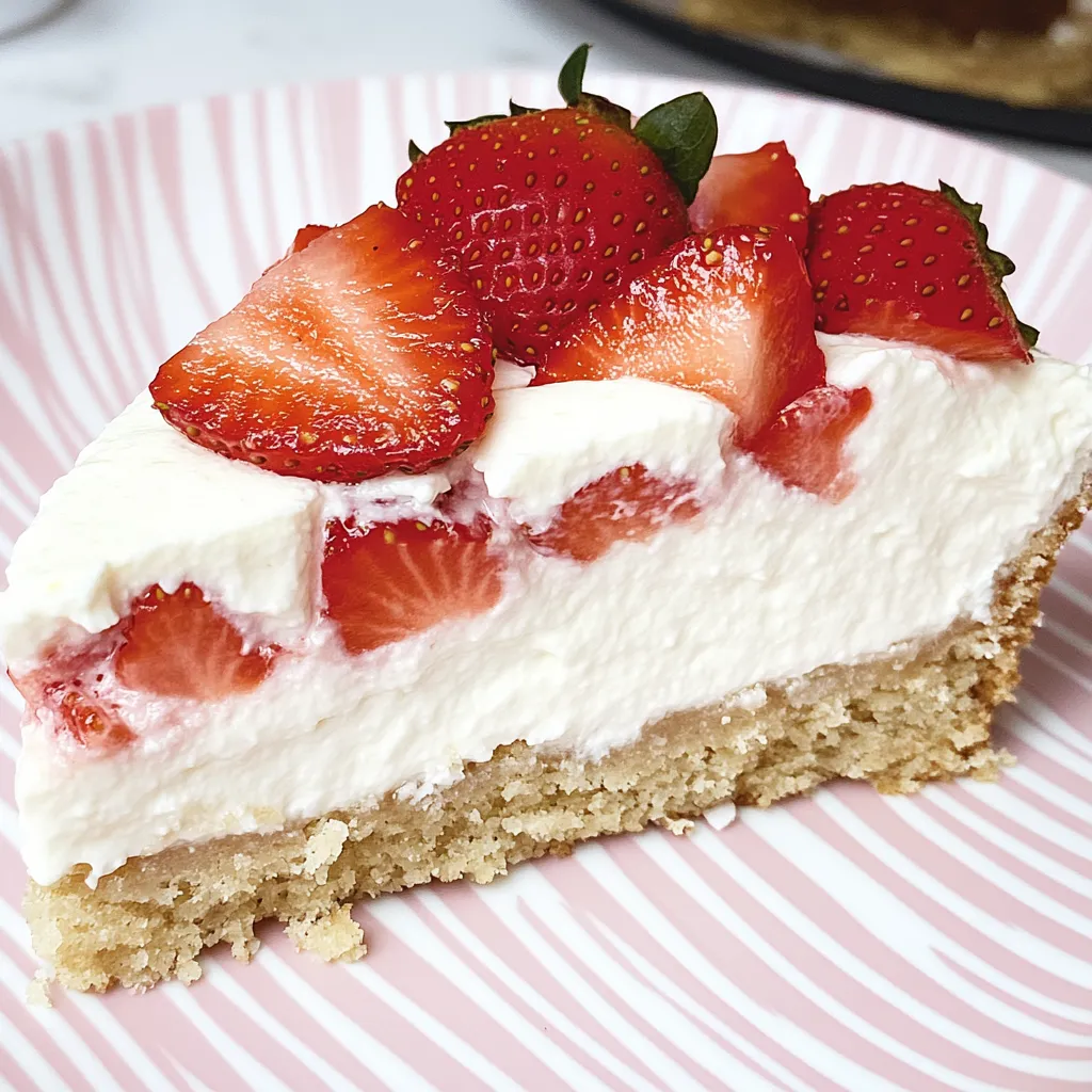 Eine Strawberry-Kuchen-Schicht mit Strawberries und Vanille-Creme auf einem Pink-Stripes-Teller.
