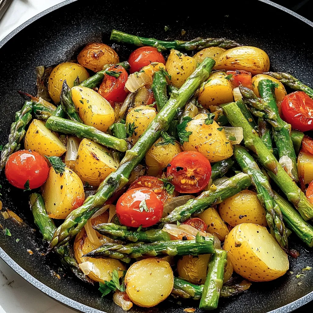 Ein schwarzes Töpfchen mit einer Mischung aus Gemüse, darunter Tomaten, Asparagus, Paprika und Zwiebeln.